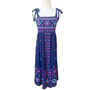 Savanna Jane‎ Boho Embroidered Smocked Midi Dress Size M Celestial Babydoll Navy